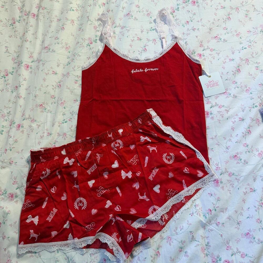 VS PINK x LoveShackFancy Lace Trim Tank Top Silky Boxy Pajama Shorts  Lipstick